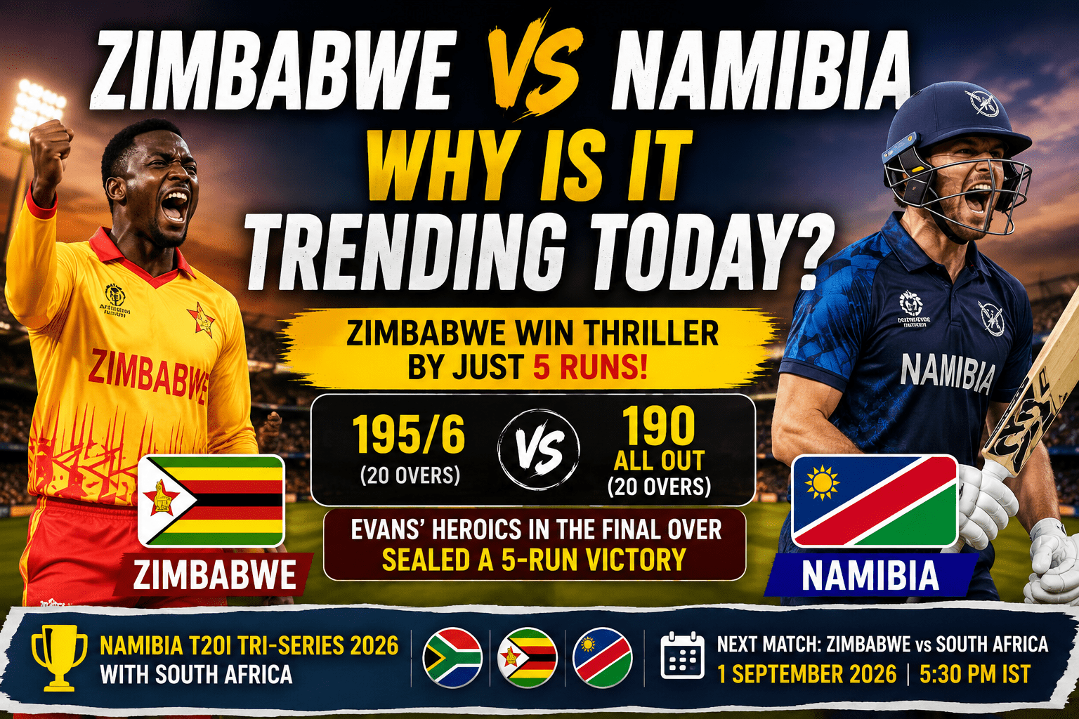 Zimbabwe vs Namibia today, Zimbabwe vs Namibia score, Zimbabwe vs Namibia highlights, Zimbabwe vs Namibia match, Zimbabwe Namibia T20I, Zimbabwe vs Namibia 2026, Brad Evans, Namibia T20I Tri-Series 2026